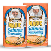Chef Paul Prudhomme's Salmon Magic bottle closeup highlighting bold seafood flavor.