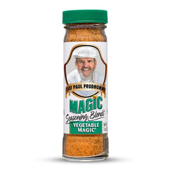 Chef Paul Vegetable Magic Seasoning bottle boosts flavor on steamed vegetables.