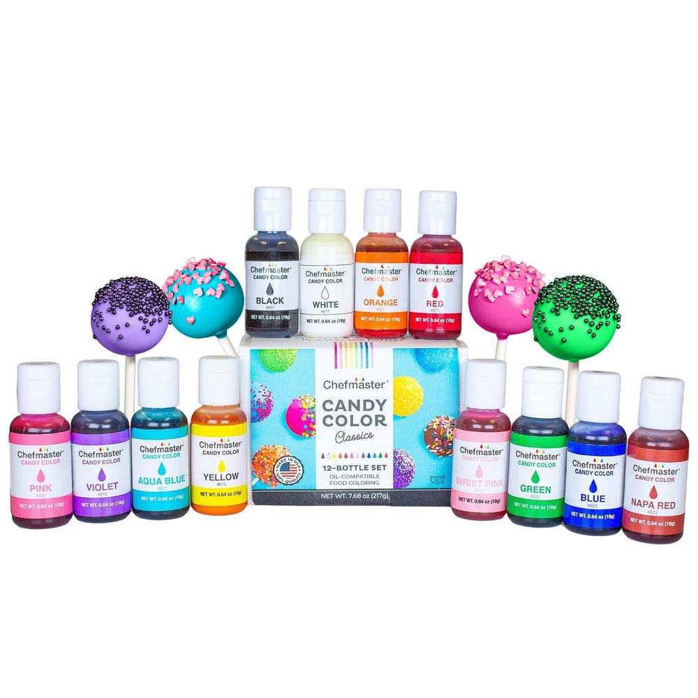 Chefmaster 12-bottle candy color set shows vibrant rainbow hues for chocolate coatings.