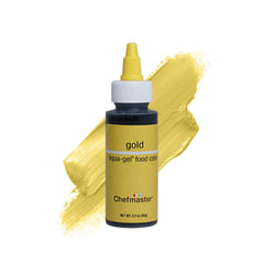 Chefmaster Gold Liqua-Gel bottle close-up shows vivid, fade-resistant color for icings