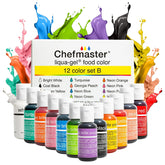 Chefmaster Liqua-Gel 12-color color swatches show true-to-shade tones for desserts