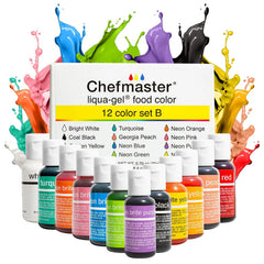 Chefmaster Liqua-Gel 12-color color swatches show true-to-shade tones for desserts