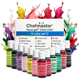 Chefmaster Liqua-Gel 12-color set bottles show true-to-shade, fade-resistant hues.
