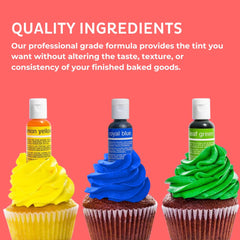 Chefmaster Liqua-Gel colors on cupcakes deliver eye-catching, fade-resistant vibrancy.