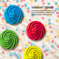 Chefmaster Liqua-Gel dessert decorating with fade-resistant hues.
