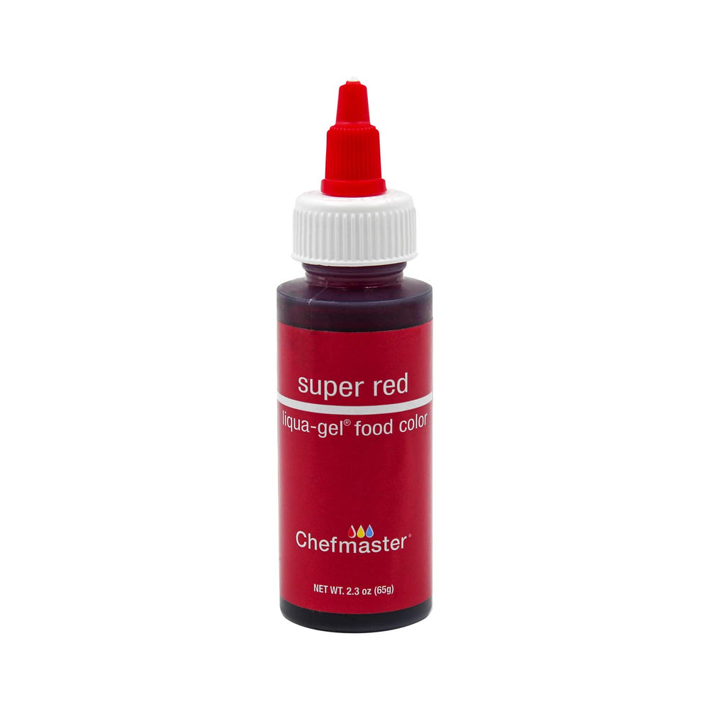 Chefmaster Liqua-Gel Super Red bottle pouring for precise color control in baking.