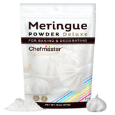 Chefmaster Meringue Powder Deluxe packaging signals trusted, non-GMO baking staple for bakers.