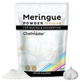 Chefmaster Meringue Powder Deluxe packaging is a resealable container for easy storage and use.