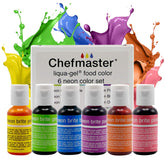 Chefmaster Neon Liqua-Gel red bottle for vibrant, fade-resistant color in desserts