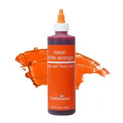 Chefmaster Neon Orange Liqua-Gel bottle-pour delivers a vibrant icing color.