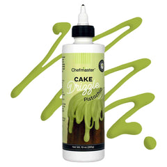 Chefmaster pistachio drizzle on cake top for a glossy finish