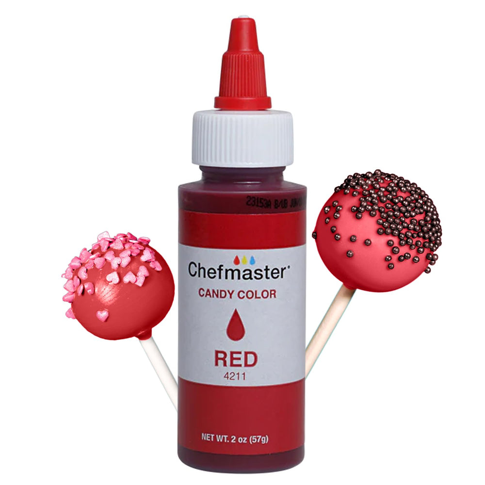 Chefmaster Red Candy Color bottle-pour enables precise pouring for vibrant chocolate coatings.