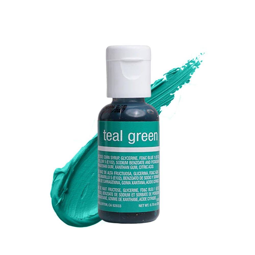 Chefmaster Liqua-Gel teal green bottle closeup for vivid, fade-resistant baking color