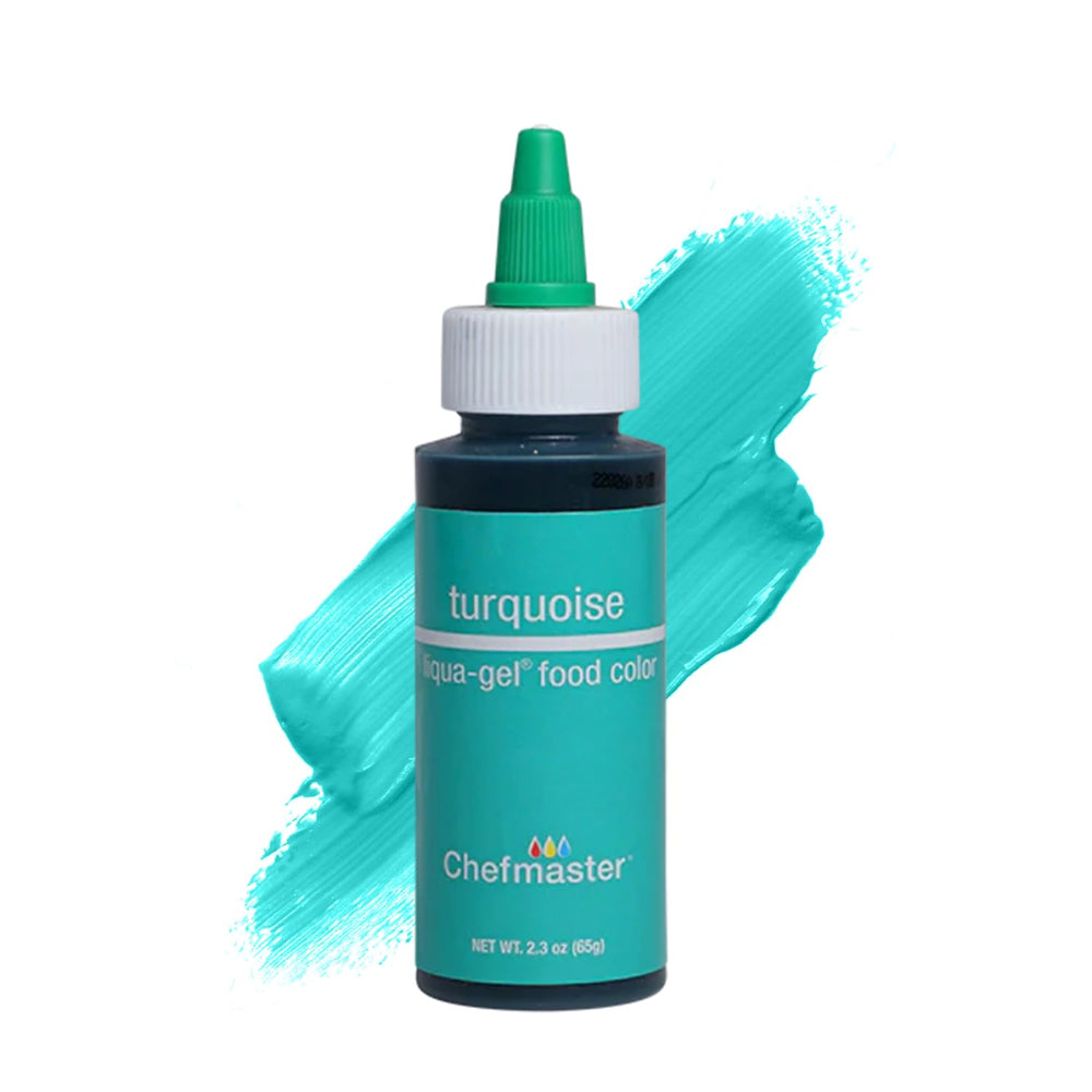 Chefmaster Liqua-Gel turquoise bottle delivering vivid color for icing with fade resistance.