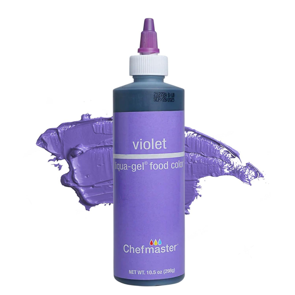 Chefmaster Violet Liqua-Gel bottle shows fade-resistant color for icing and fondant.
