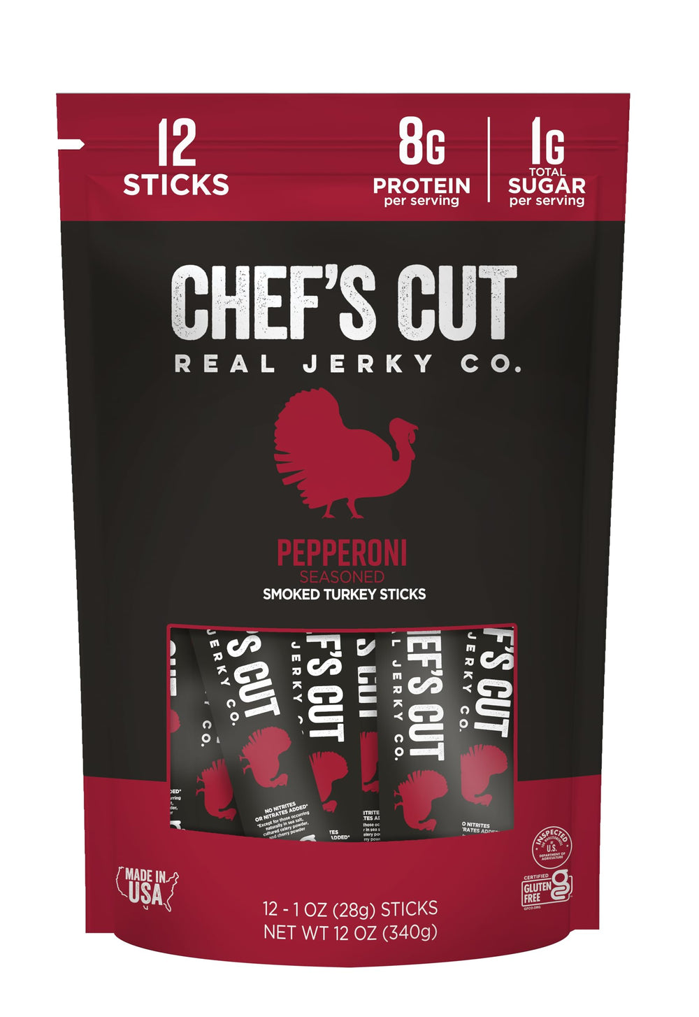 Chef’s Cut Real Turkey Jerky pepperoni-seasoned stick close-up, smoky flavor and protein boost.