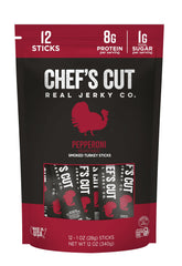 Chef’s Cut Real Turkey Jerky pepperoni-seasoned stick close-up, smoky flavor and protein boost.