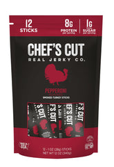 Chef’s Cut Real Turkey Jerky pepperoni-seasoned stick close-up, smoky flavor and protein boost.
