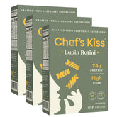 Chef's Kiss Protein Rotini packaging showing gluten-free lupin pasta and high-protein claim