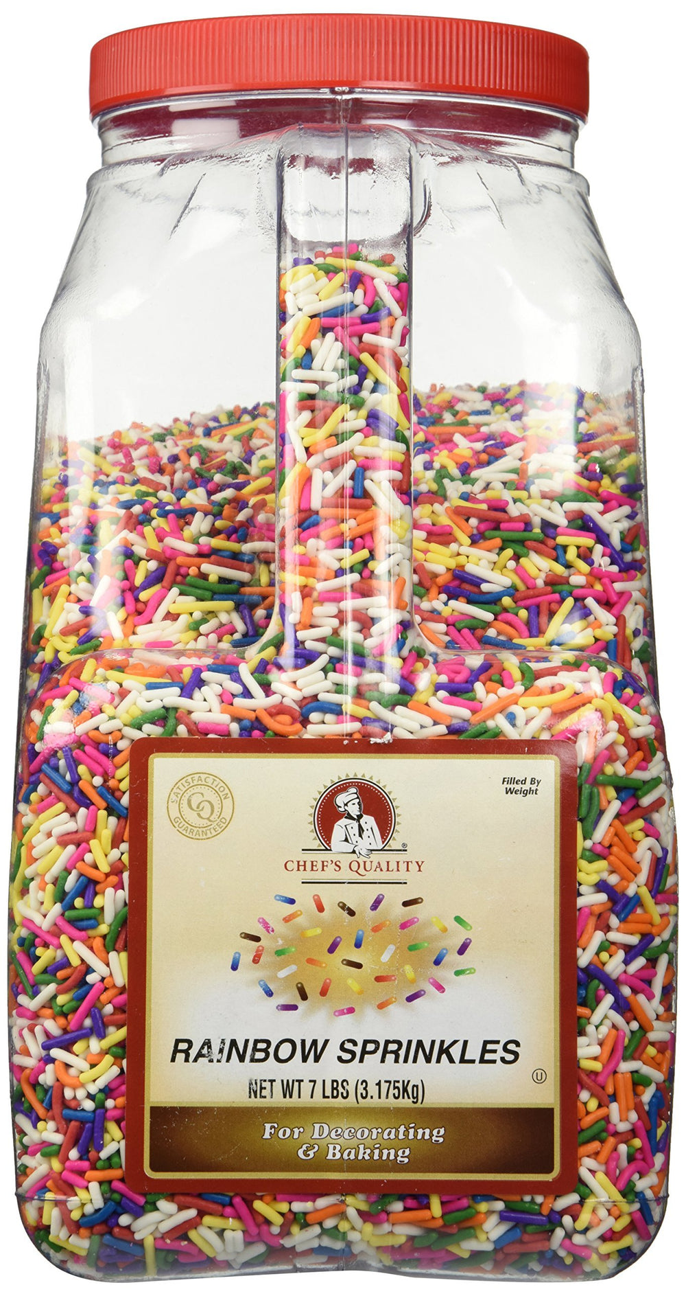 Chef's Quality Rainbow Sprinkles jar close-up for vibrant cake decorating and dessert toppings.