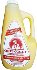 ChefsQ liquid butter 1-gallon jug on counter, ideal for chef-level versatility in busy kitchens.