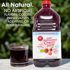 Cherry Bay Orchards Tart Montmorency juice bottle side view shows convenient two-pack packaging.