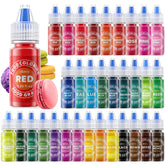 Cherrysea 33-color liquid color bottles close-up for vibrant baking results.