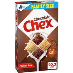 Chex Chocolate Cereal box front showcases gluten-free whole grain breakfast