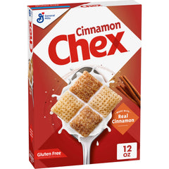 Chex Cinnamon cereal box front, highlighting gluten-free whole grain breakfast option