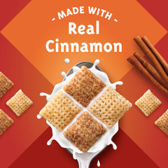 Pouring Cinnamon Chex into a bowl, crisp texture and cinnamon aroma