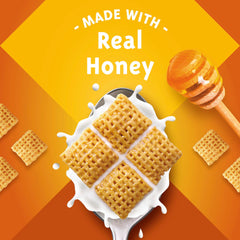 Chex Honey Nut Cereal close-up of lattice squares with honey glaze.