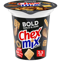 Chex Mix Bold Garlic and Herb snack cup close-up for on-the-go crunch