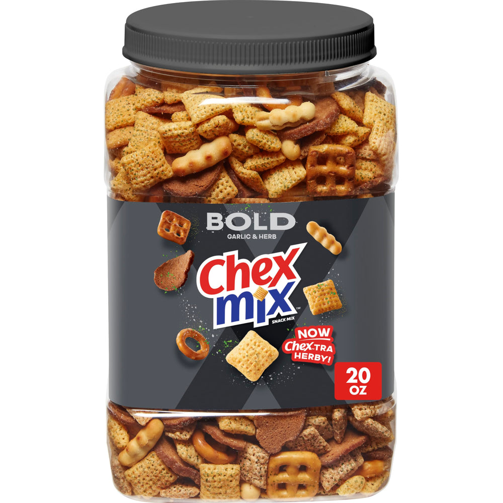 Chex Mix Bold Garlic and Herb snack tub front view showing 20 oz size and packaging.