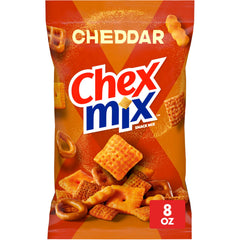 Chex Mix Cheddar Snack Mix bag showcases a cheesy, crowd-pleasing savory treat for sharing.