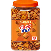 Chex Mix Cheddar tub top view, a crowd-pleasing snack for gatherings.