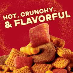 Chex Mix Hot and Spicy round pretzels close-up with savory crunch