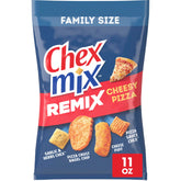 Chex Mix Remix Cheesy Pizza snack bag shows pizza-flavored crunch for gatherings