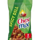 Chex Mix Spicy Dill bag front showcases bold texture for party snacking.