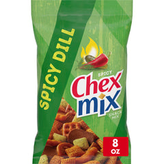 Chex Mix Spicy Dill bag front showcases bold texture for party snacking.