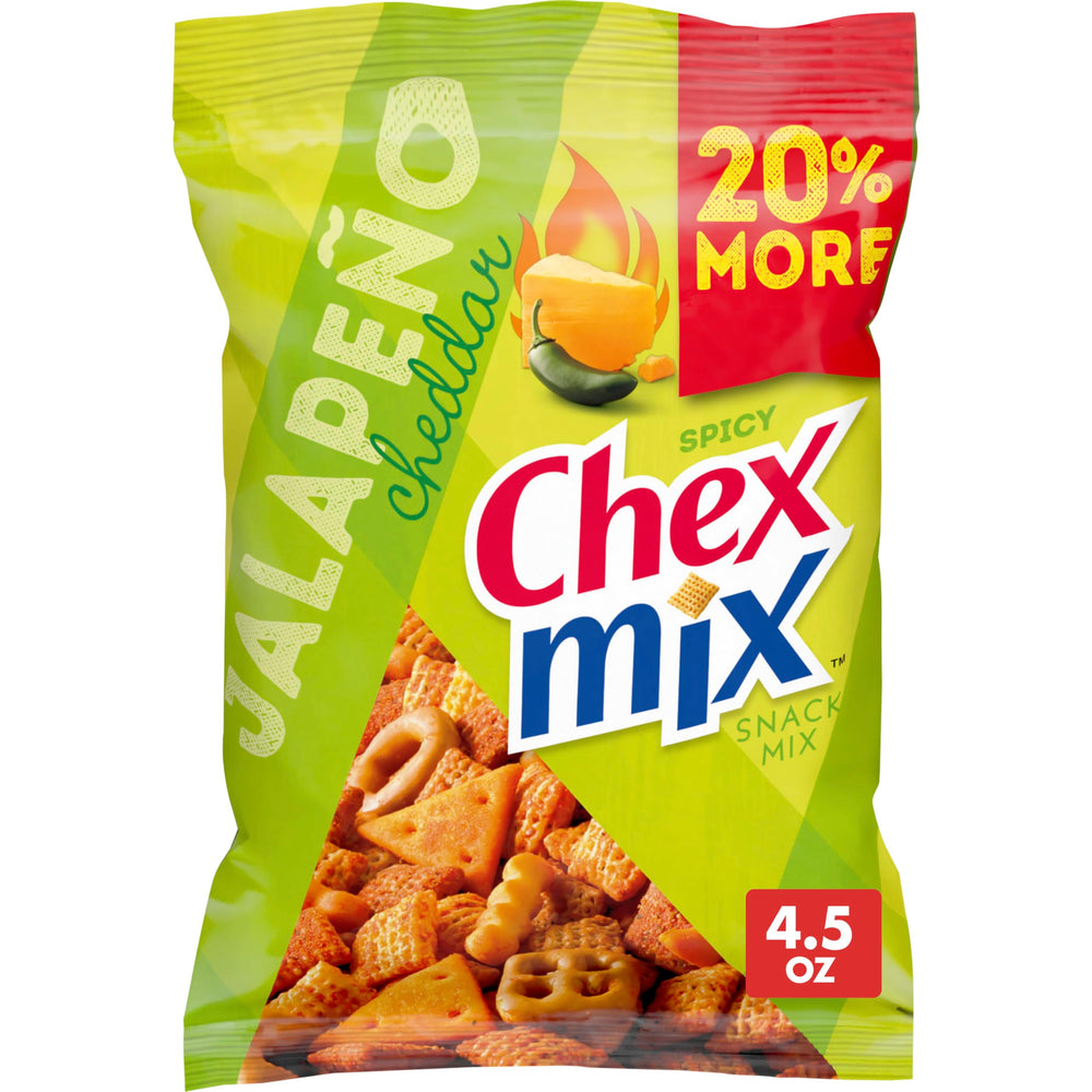 Chex Mix Spicy Jalapeno Cheddar packaging front showing bold flavor and 4.5 oz size.