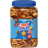 Chex Mix Traditional Original 20oz tub on counter, ideal for gatherings.