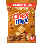 Chex Mix Turtle Snack Mix bag shows indulgent flavors for sharing.