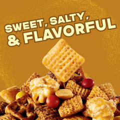 Close-up of Chex Mix Turtle pieces with chocolatey bites for sweet crunch.