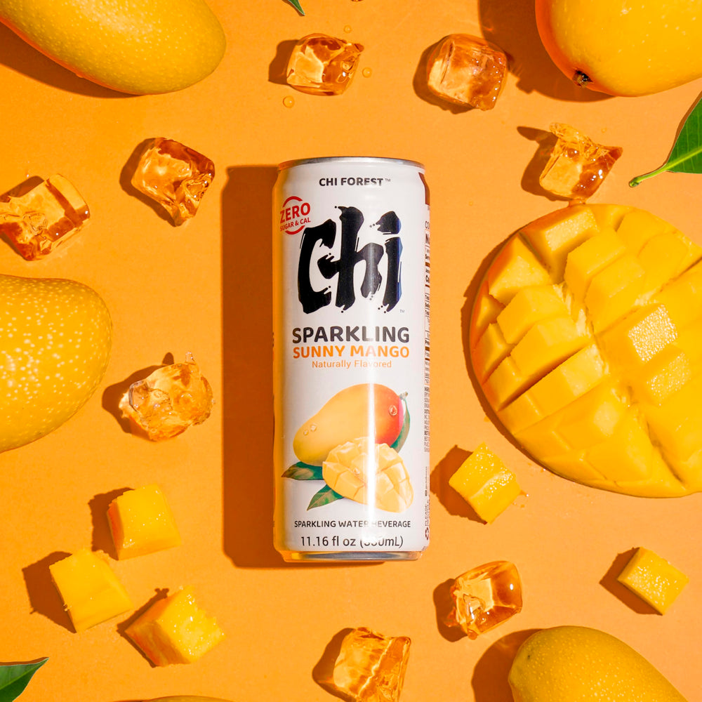 CHI FOREST Mango Sparkling Water can front view, zero sugar and crisp mango flavor.