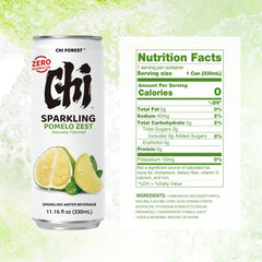 CHI FOREST Pomelo Sparkling Water can back highlights zero calories and seasonal flavor.