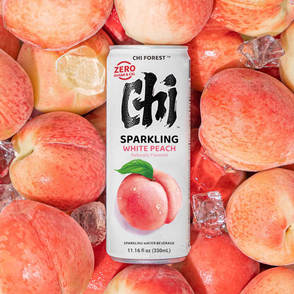 CHI FOREST White Peach Sparkling Water bottle shows crisp, zero sugar refreshment.