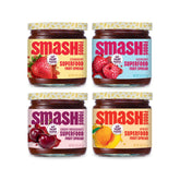 Chia Smash Adventure Jam 4-Pack jars on shelf with real fruit and upcycled ingredients.