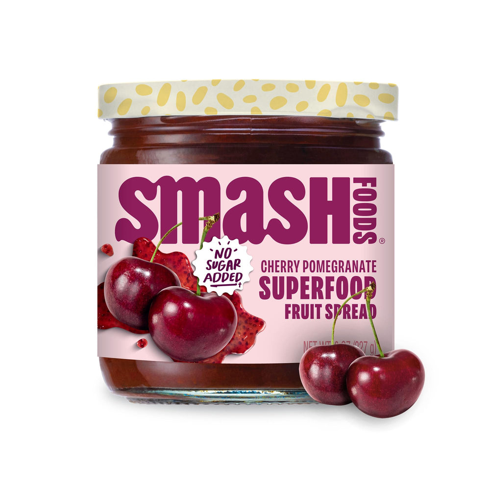 Chia Smash Cherry Pomegranate Jam jar on counter for everyday toast