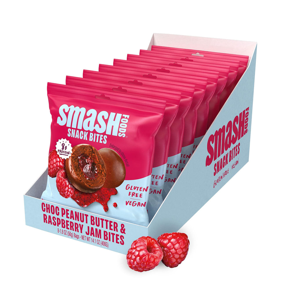 Chia Smash Raspberry Energy Bites packaging shows gluten-free vegan snack.