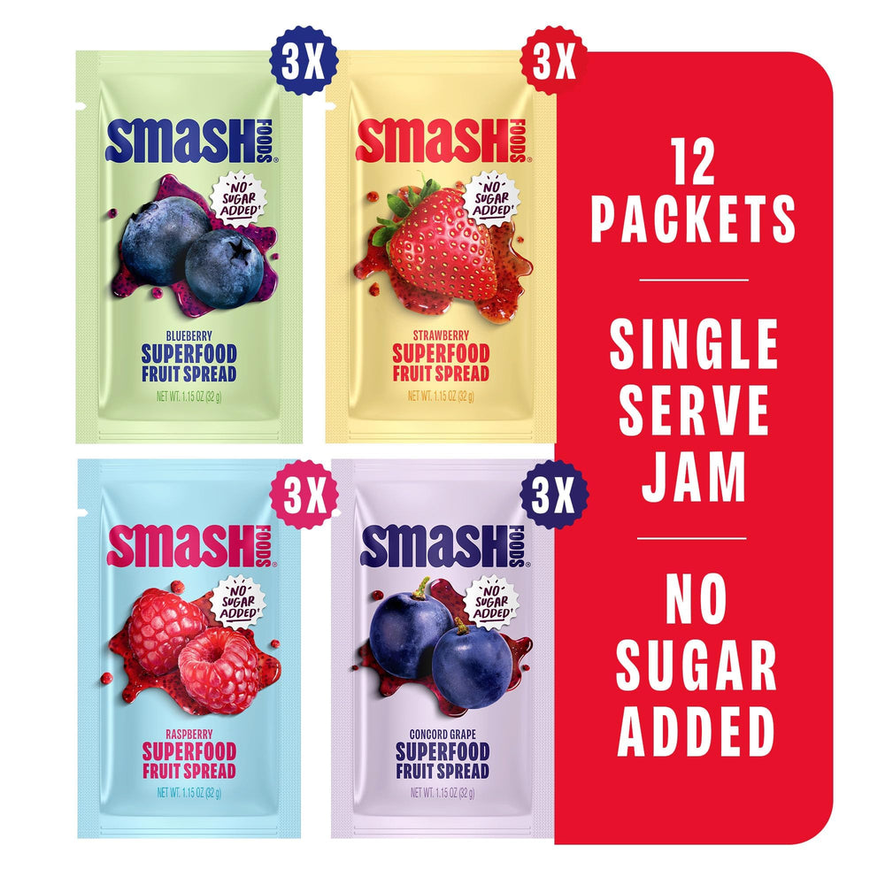 Chia Smash variety packaging display with colorful jam packets for on-the-go snacking